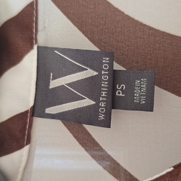 WORTHINGTON WOMEN'S BROWN & WHITE FRONT BUTTON LONG SLEEVE BLOUSE PETITE SMALL - Picture 7 of 16